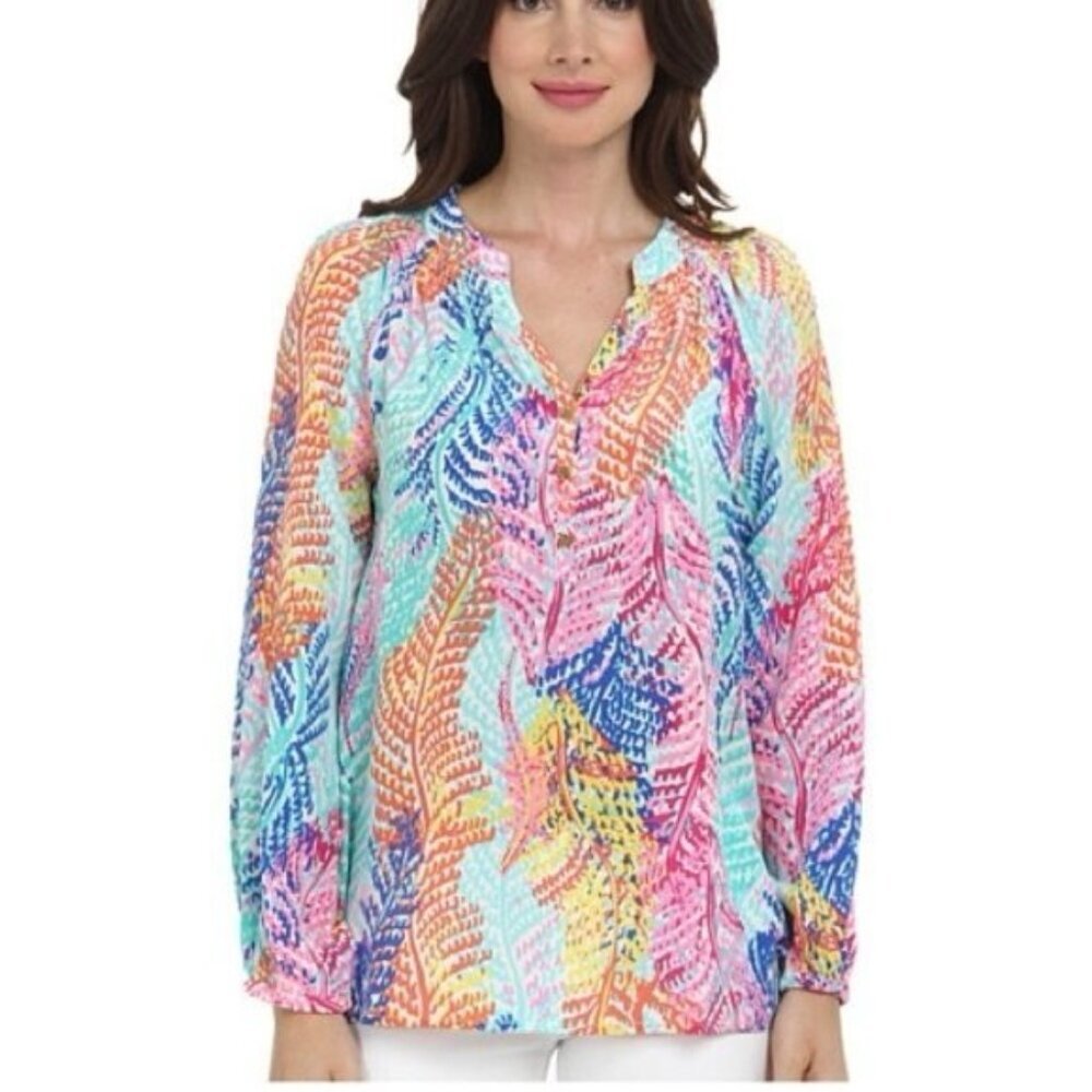Lilly Pulitzer Women’s 100% SILK Popover Electric Feel LS Elsa Top 41773 SMALL